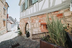 Eine enge Kopfsteinpflasterstraße mit historischen Steinbauten, einem sichtbaren Bogen und einem Pflanztopf mit hohem Gras.