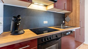 A compact kitchen with a built-in stove, a coffee machine, and a sink. - Apartment 'Ferienwohnung, 55qm' with Wi-Fi (Neuried)