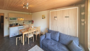 Un espacio habitable compacto con kitchenette, comedor y sofá.