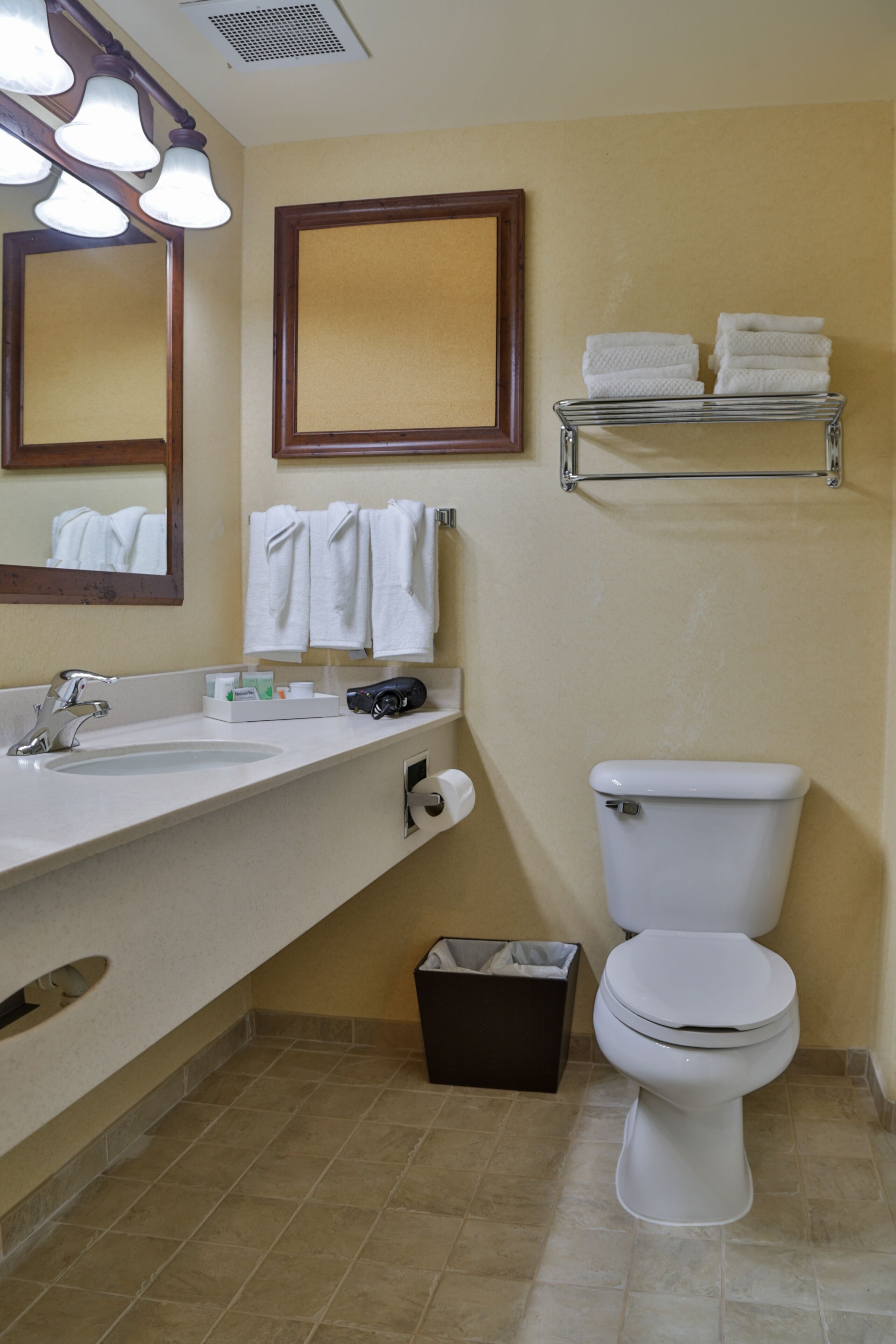 A bathroom with a sink, mirror, towel rack, toilet, and trash bin.