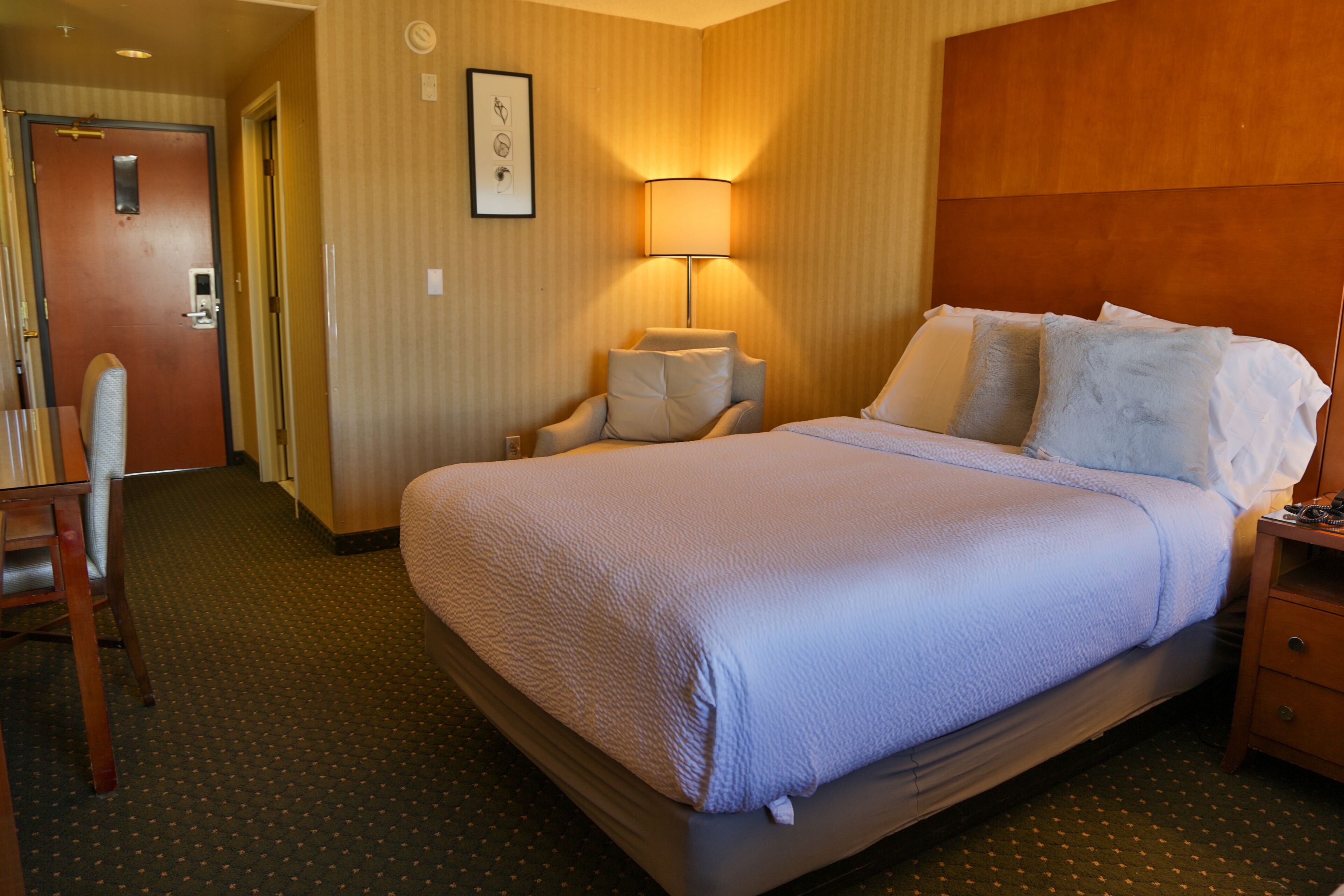 A hotel room with a large bed, a bedside table, a chair, a lamp, and a door.