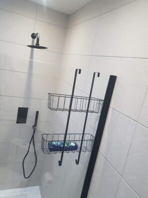Hair dryer, towels, soap, toilet paper