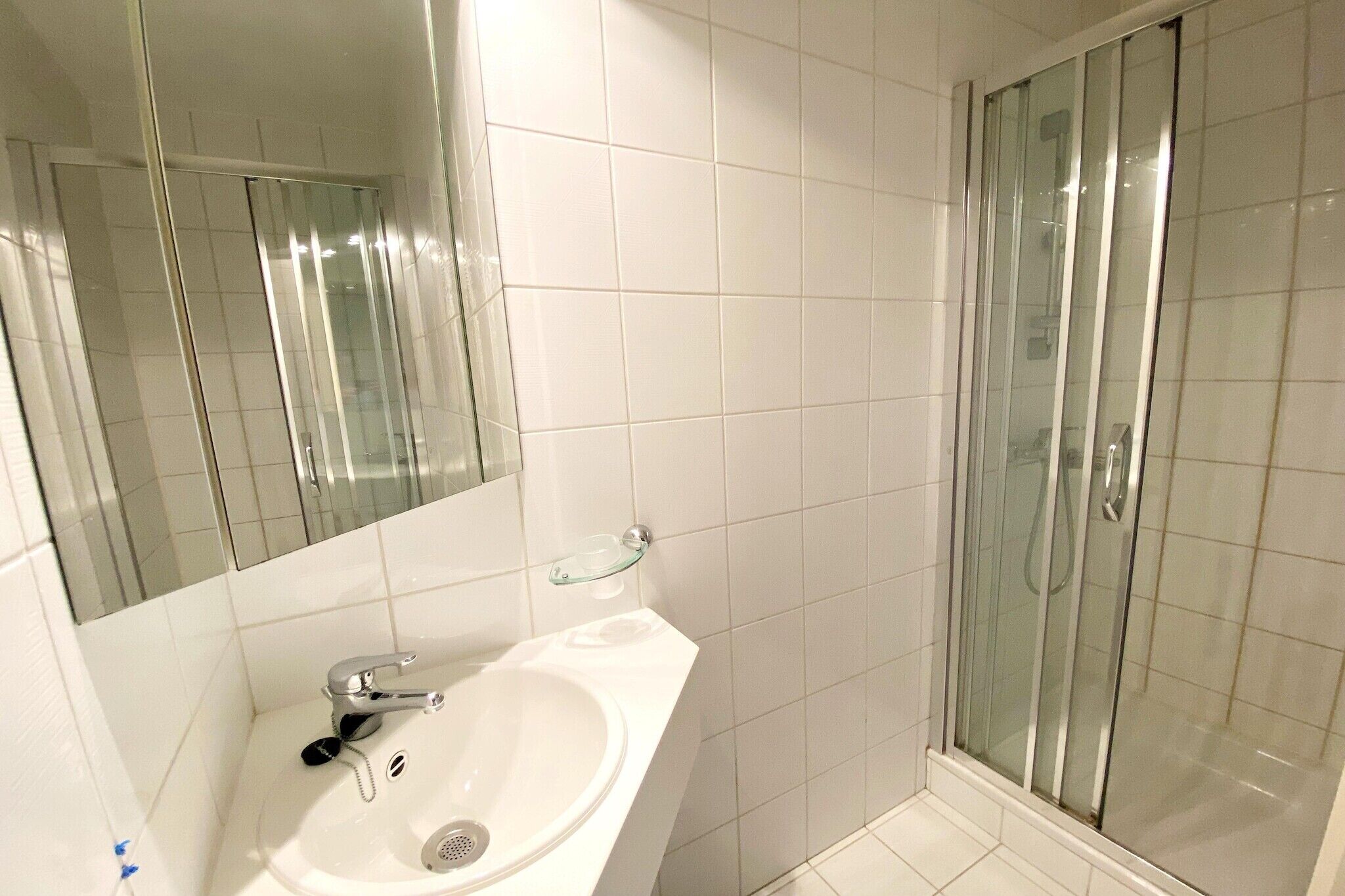 A bathroom with a white sink, a glass shower enclosure, and a mirror.