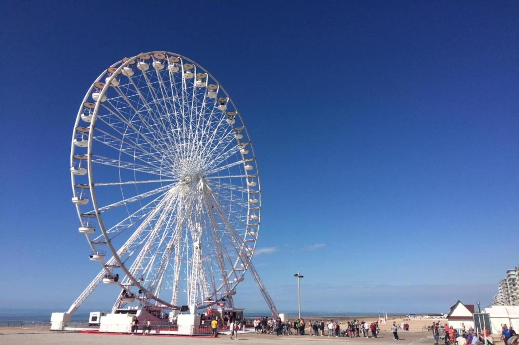 Una noria gigante en la playa con cielo despejado.