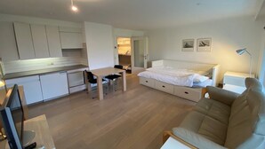 A compact living space with a kitchenette, a dining area, a bed, and a sofa.