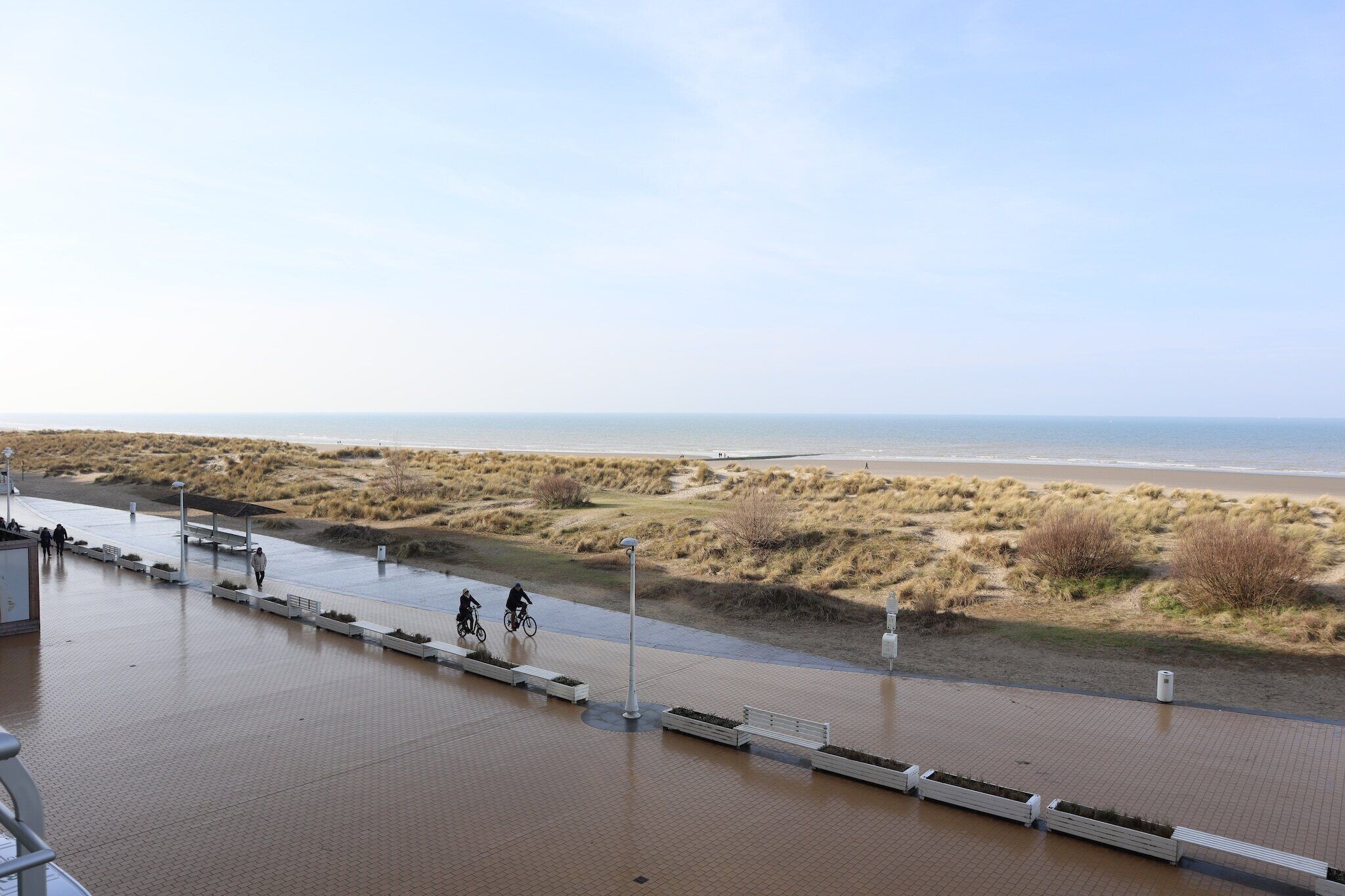 A coastal promenade with a paved walkway, benches, and a cyclist.