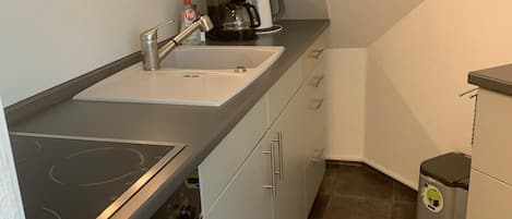 Fridge, microwave, stovetop, coffee/tea maker