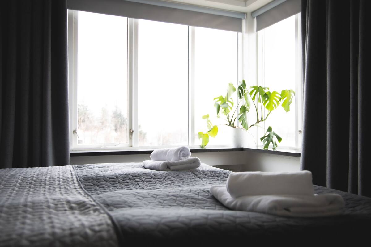 Quarto de hotel com uma grande janela, cama com colcha acolchoada e planta em vaso no parapeito.