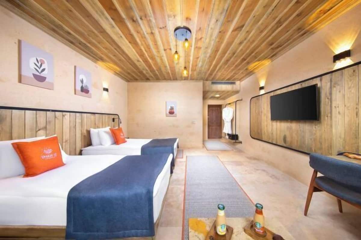 A hotel room with wooden ceiling beams, two beds with orange and blue bedding, a TV on the wall, and a small table with bottles.