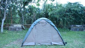 A tent set up in a grassy area with trees and a stone wall in the background.