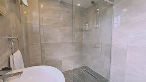 Douche, séchoir à cheveux, serviettes fournies