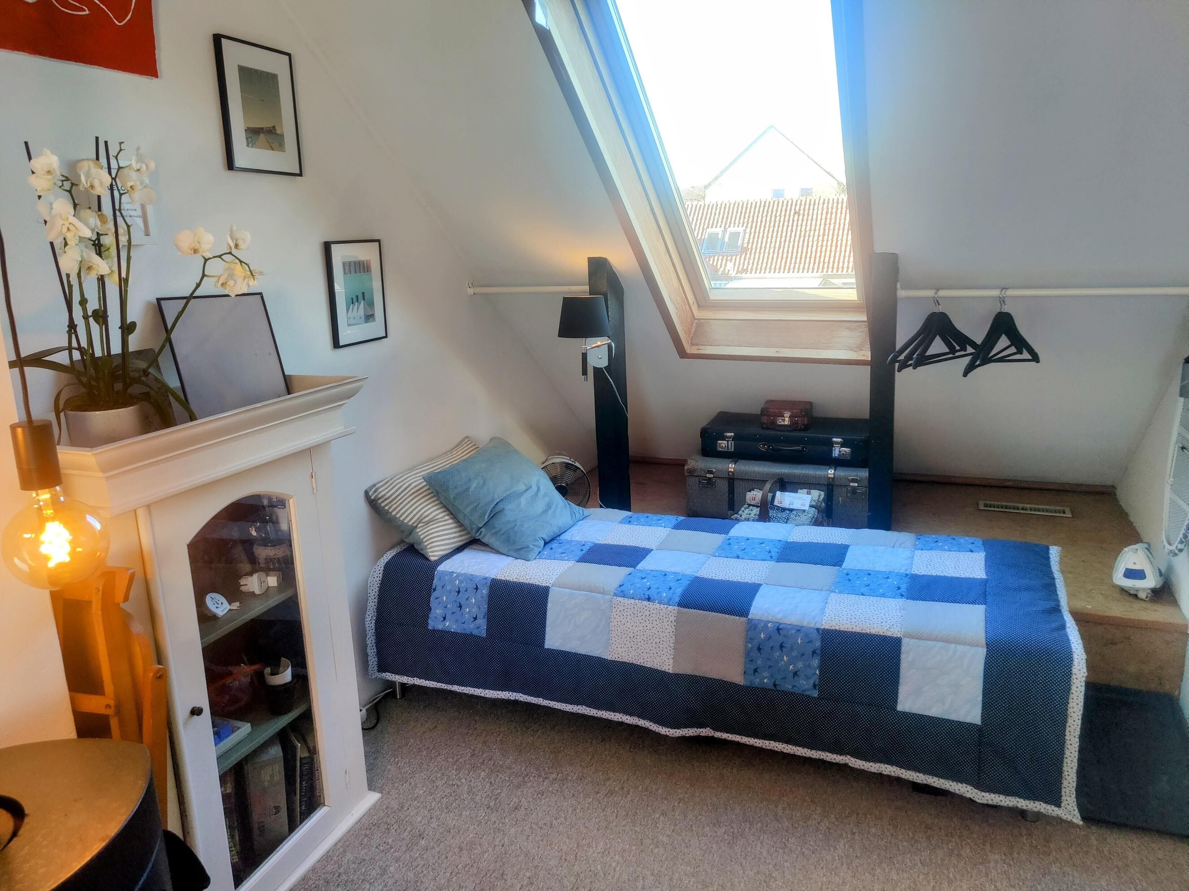 A bedroom with a skylight, a bed with a blue quilt, a fireplace, a plant, and a suitcase.