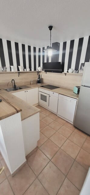 Fridge, microwave, oven, cookware/dishes/utensils