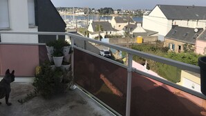 A balcony with a dog, overlooking a marina with boats and houses.