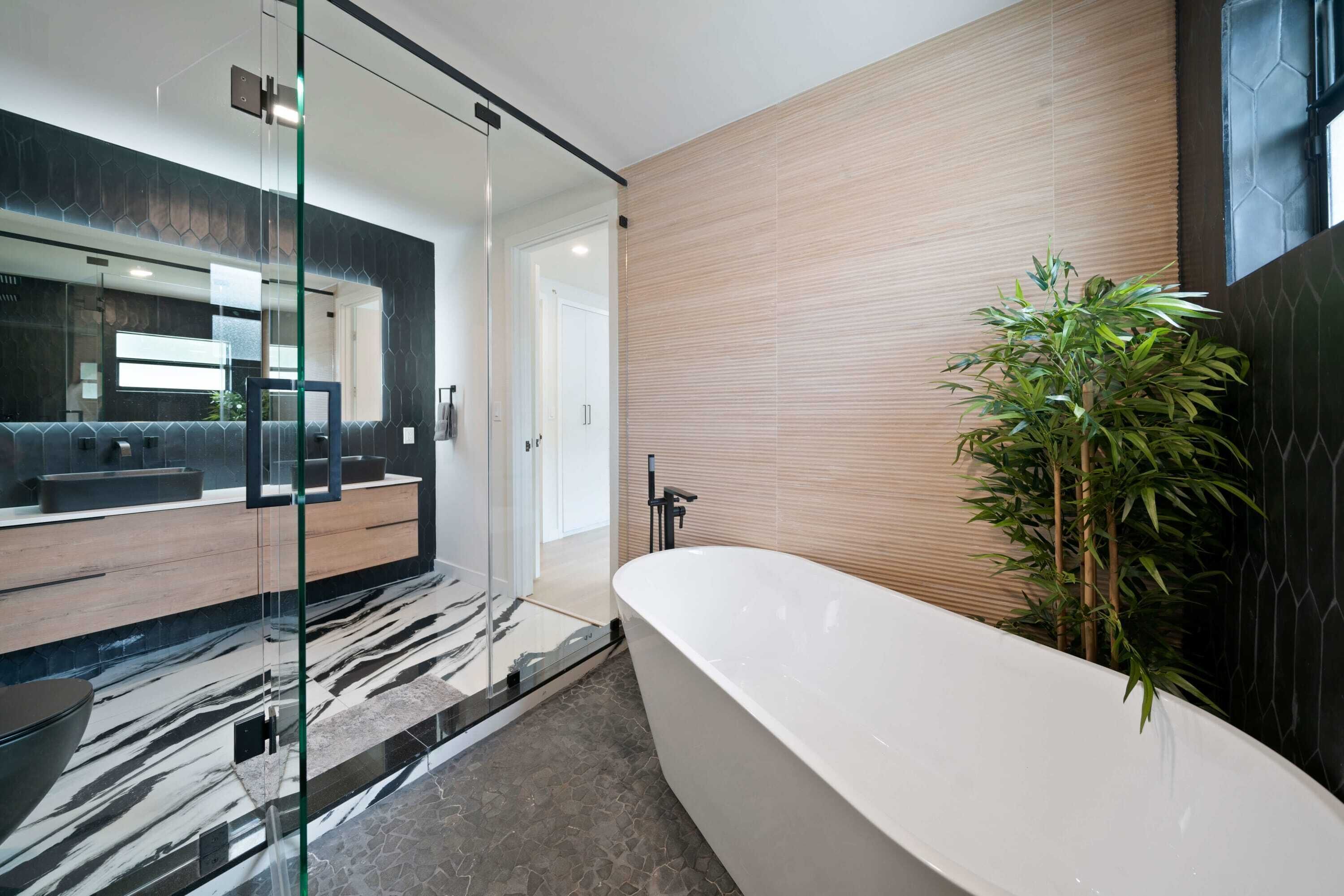 Shower, hair dryer, towels, shampoo