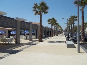 Stroll along a pedestrian-friendly street lined with palm trees and modern buildings, enjoying the atmosphere of a vibrant urban setting.