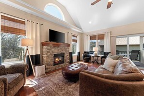 TV, fireplace, video games, DVD player