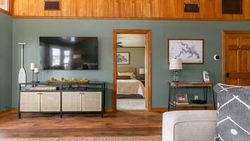 TV, fireplace, books, stereo