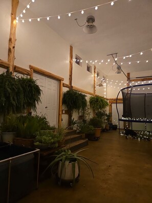 A room with wooden beams, white walls, and string lights. There are potted plants and a black chair.