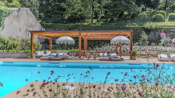 Seasonal outdoor pool, pool umbrellas, pool loungers