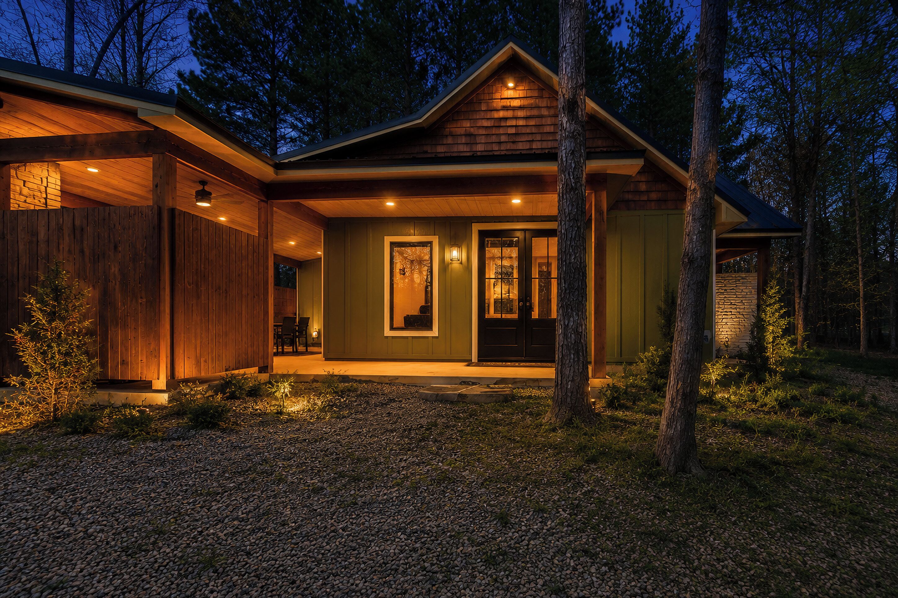A modern house with a wooden exterior, a front porch, and a well-lit entrance.