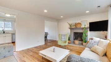 TV, fireplace, books