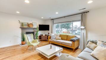TV, fireplace, books