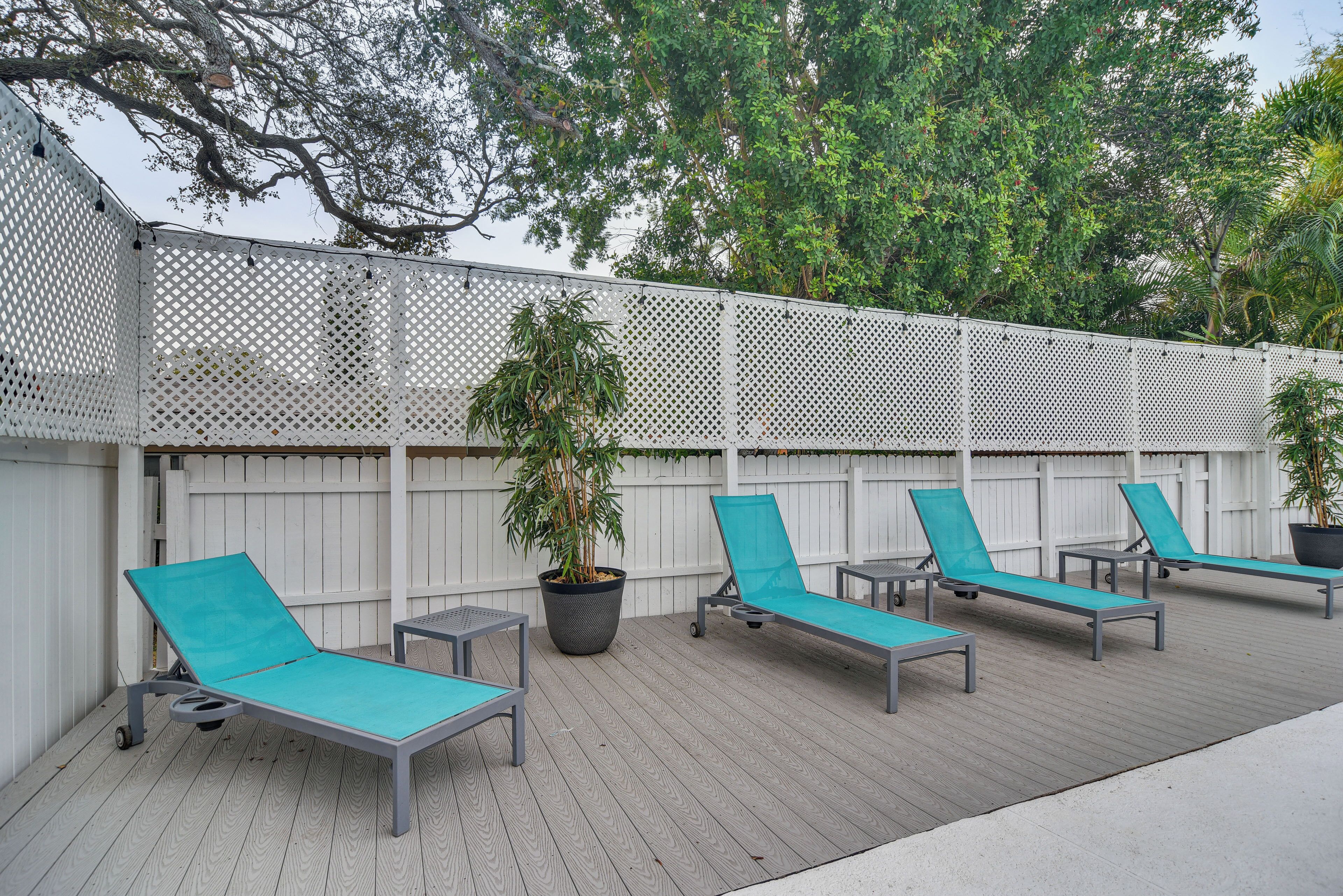 Una terraza exterior con cuatro sillones, una mesita y una planta en maceta.