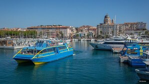 Ein Yachthafen mit Booten, darunter ein blau-gelbes Boot, und ein Gebäude mit einer Kuppel im Hintergrund.