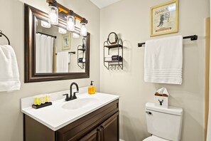 Hair dryer, towels, soap, shampoo