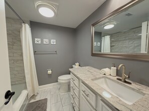 Hair dryer, towels, soap, shampoo