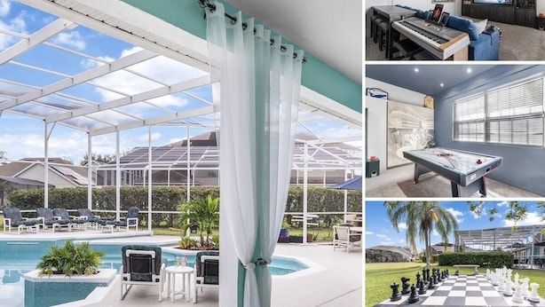 A modern indoor pool area with a glass ceiling, a pool table, and a chess set.