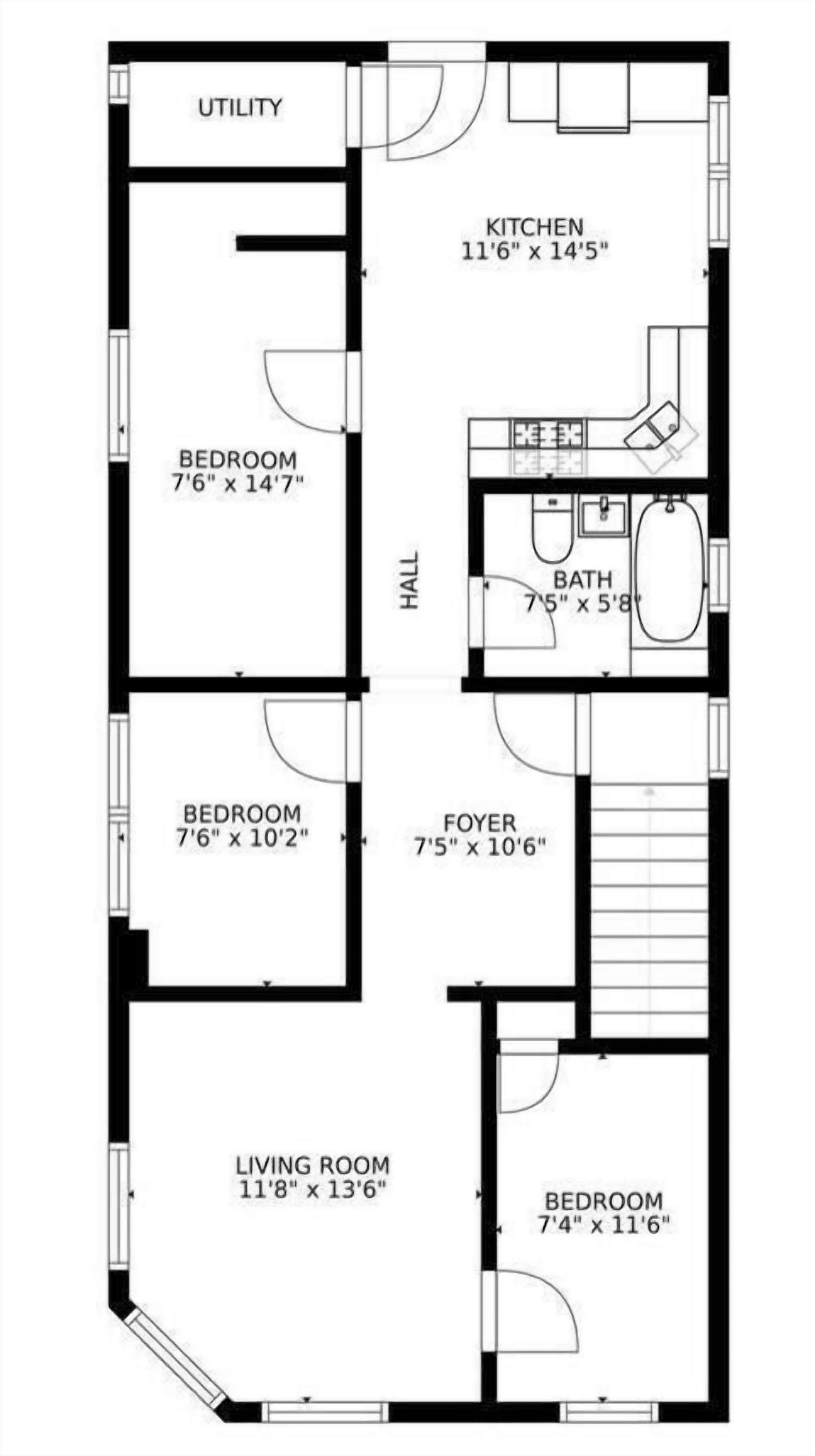 A floor plan with a utility room, kitchen, two bedrooms, a living room, a foyer, and a bathroom.