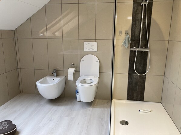 Eco-friendly toiletries, hair dryer, bidet, towels