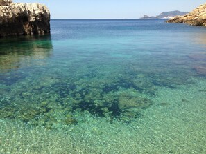 Experience the tranquility of a secluded coastal haven with breathtaking views of the underwater terrain and rugged rock formations.