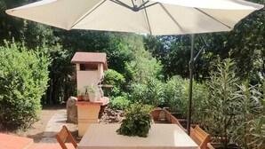 Un patio al aire libre con una mesa, sillas, un paraguas grande y plantas en macetas.