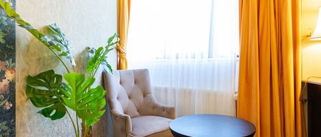 A room with a round table, a chair, a potted plant, and curtains.