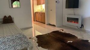 Ein Schlafzimmer mit einem Bett, einem Kuhfellteppich, einem Fernseher und einem Kamin.