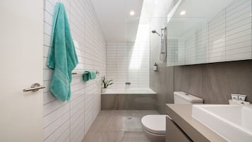 Shower, hair dryer, towels