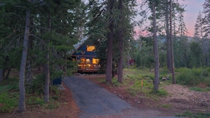 A cabin with a wooden exterior, surrounded by dense forest, accessible by a dirt path. - Minutes to Skiing & Lake Hot Tub, Fire Pit, Deck Indigo Owl by Avantstay (Homewood)