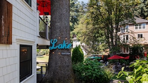 A tree with a sign reading "Lake Guest Cottage."