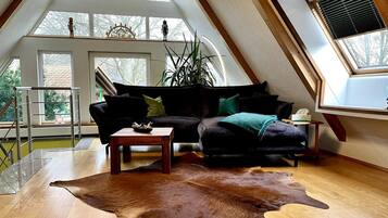 Smart-tv, ett bordtennisbord, böcker och en stereo