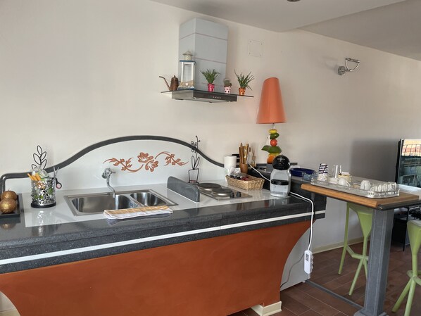 A kitchen with a black countertop, stainless steel sink, and a red backsplash. There are potted plants on the wall and a lamp on the table.