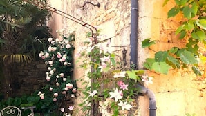 Un mur de pierres rustiques, orné de rosiers grimpants et surmonté d’un portail en métal.