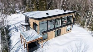 A modern, multi-story cabin with large windows, situated in a snowy forest.