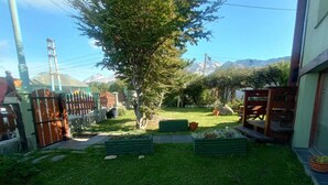 Um jardim bem cuidado com gramado, um banco de madeira e uma árvore grande.
