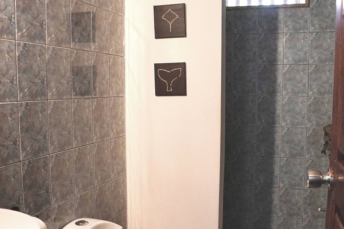 Ein Badezimmer mit Toilette, Duschbereich und Waschbecken.