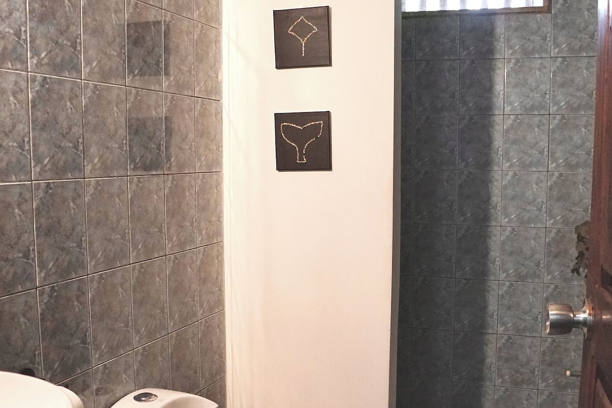 Een douche, handdoeken, zeep, shampoo