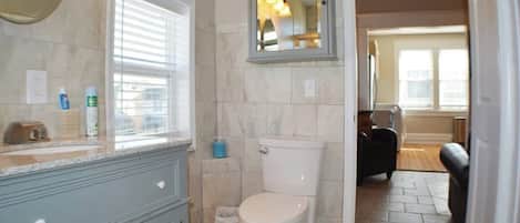 Shower, hair dryer, soap, shampoo