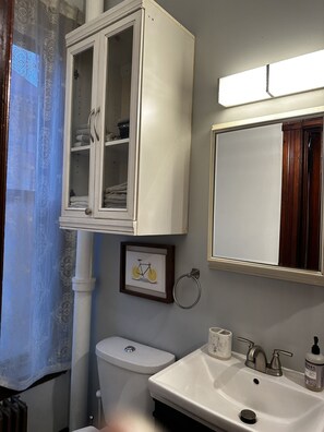 Hair dryer, towels, soap, toilet paper